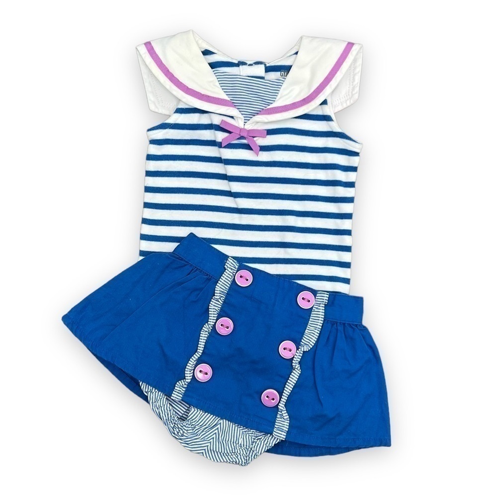 Gymboree Hippos And Bows Striped Sailor Top Blue Skirted Bloomers 0-3 mo.